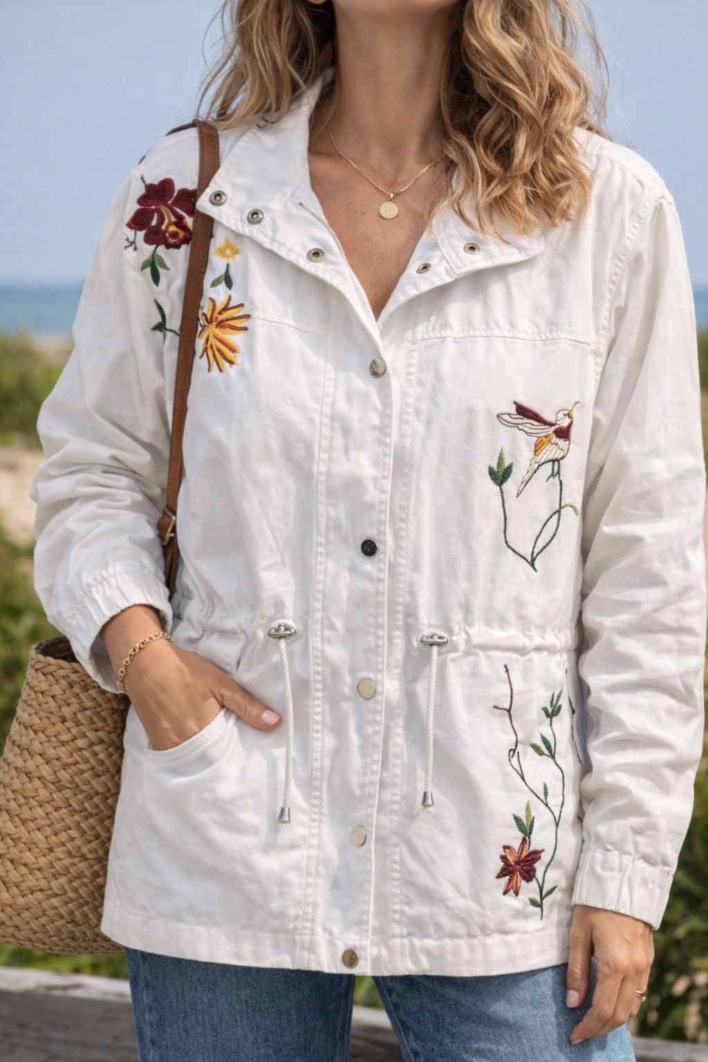 Veste parka blanche brodée – fleurs et sequins T.42