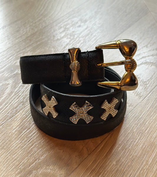 Ceinture cuir noir boucle dorée vintage fabrication française - taille 80