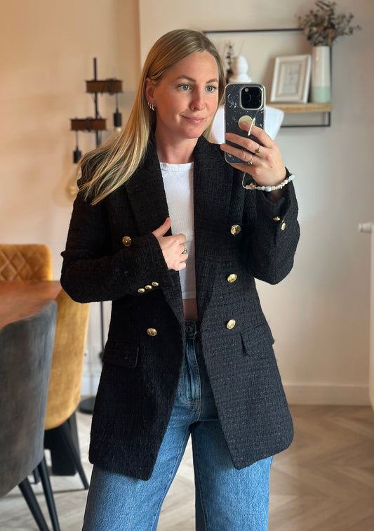 Blazer tweed noir boutons dorés T.34