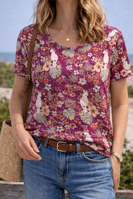 T-shirt imprimé perroquets et fleurs T.36