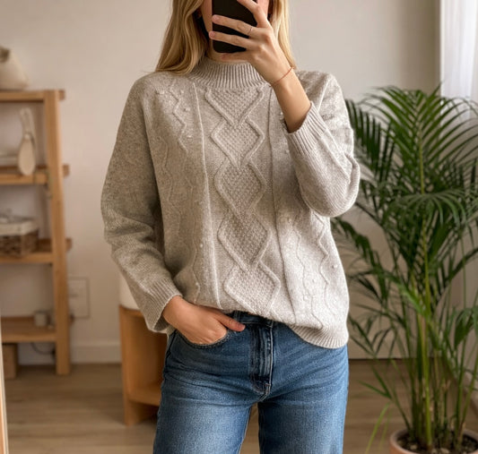 Pull torsadé col montant gris T.36