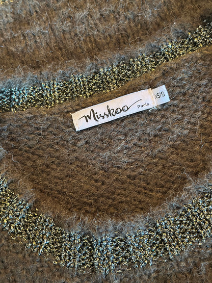 Pull sans manches maille duveteuse laine kaki T.36/38 oversize