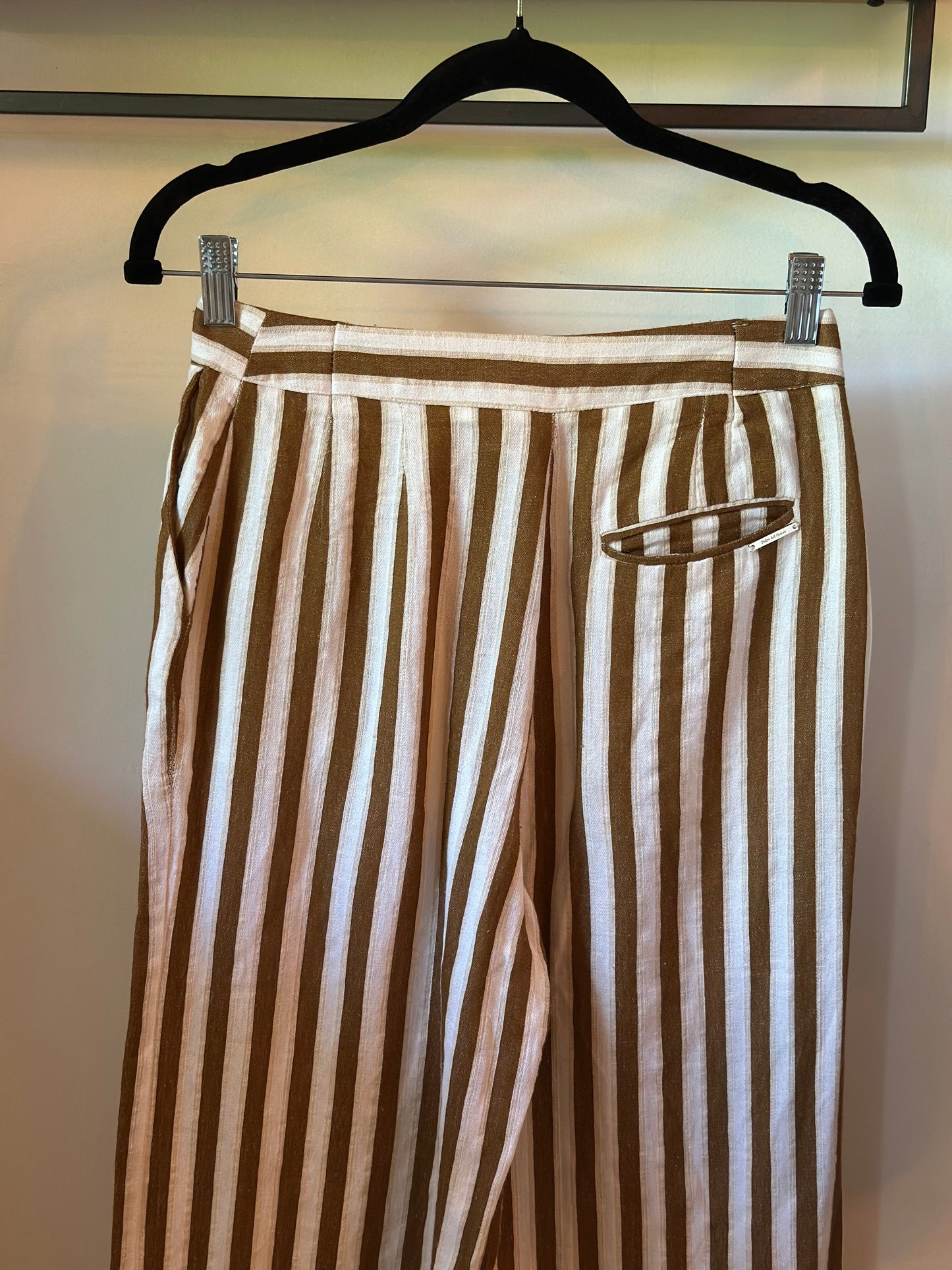 Pantalon large rayé lin coton fluide été beige & marron T.34