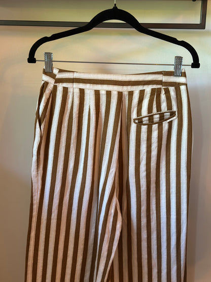 Pantalon large rayé lin coton fluide été beige & marron T.34
