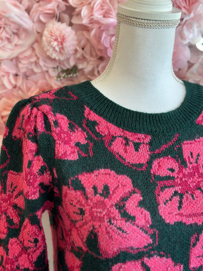 Pull en maille « Puebla » vert sapin à motif fleuri rose, T.34