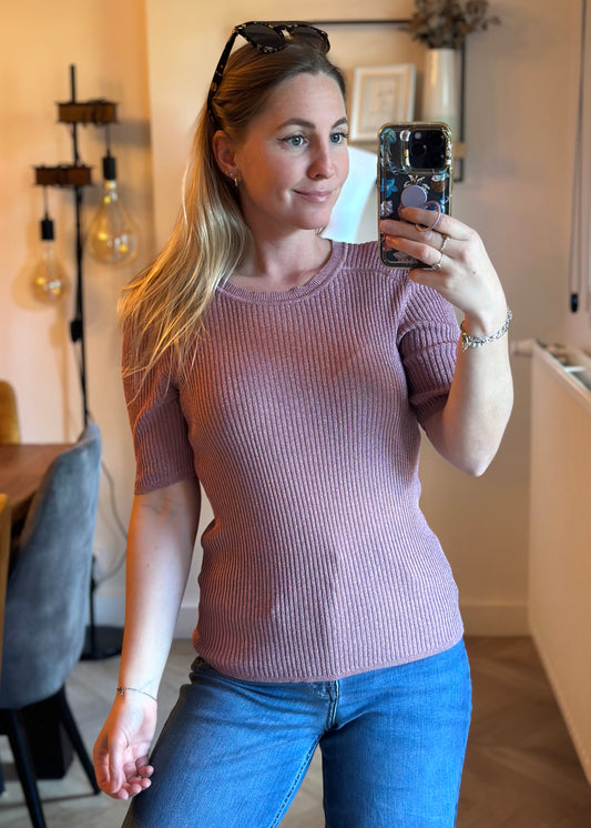 Pull manches courtes maille côtelée parme viscose T.40