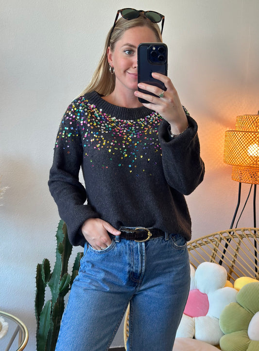 Pull gris chiné en maille avec détails de sequins colorés, T.38