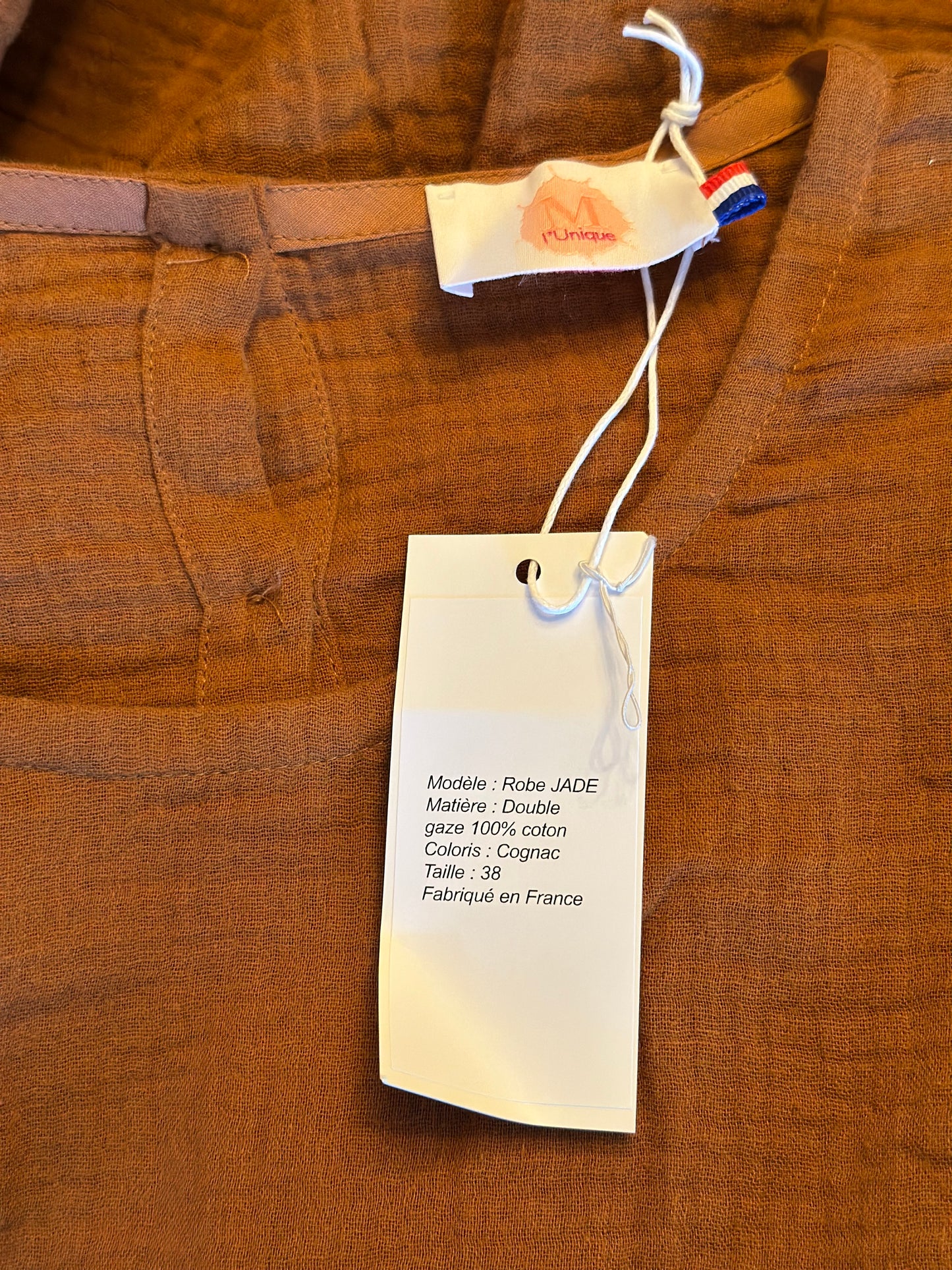 Robe gaze de coton cognac neuf avec étiquette fabriqué en France T.38