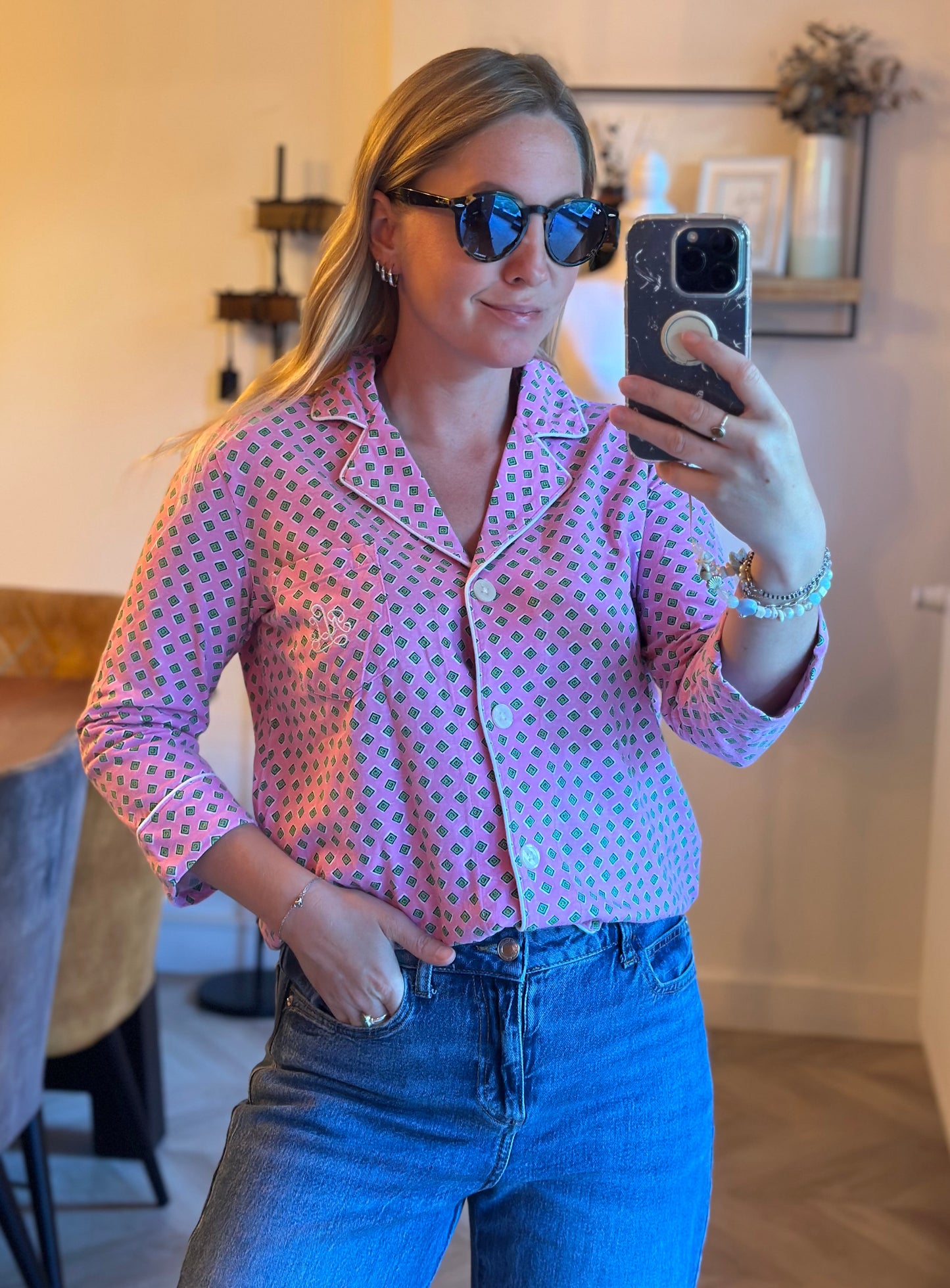 Chemise imprimé façon pyjama rose T.34