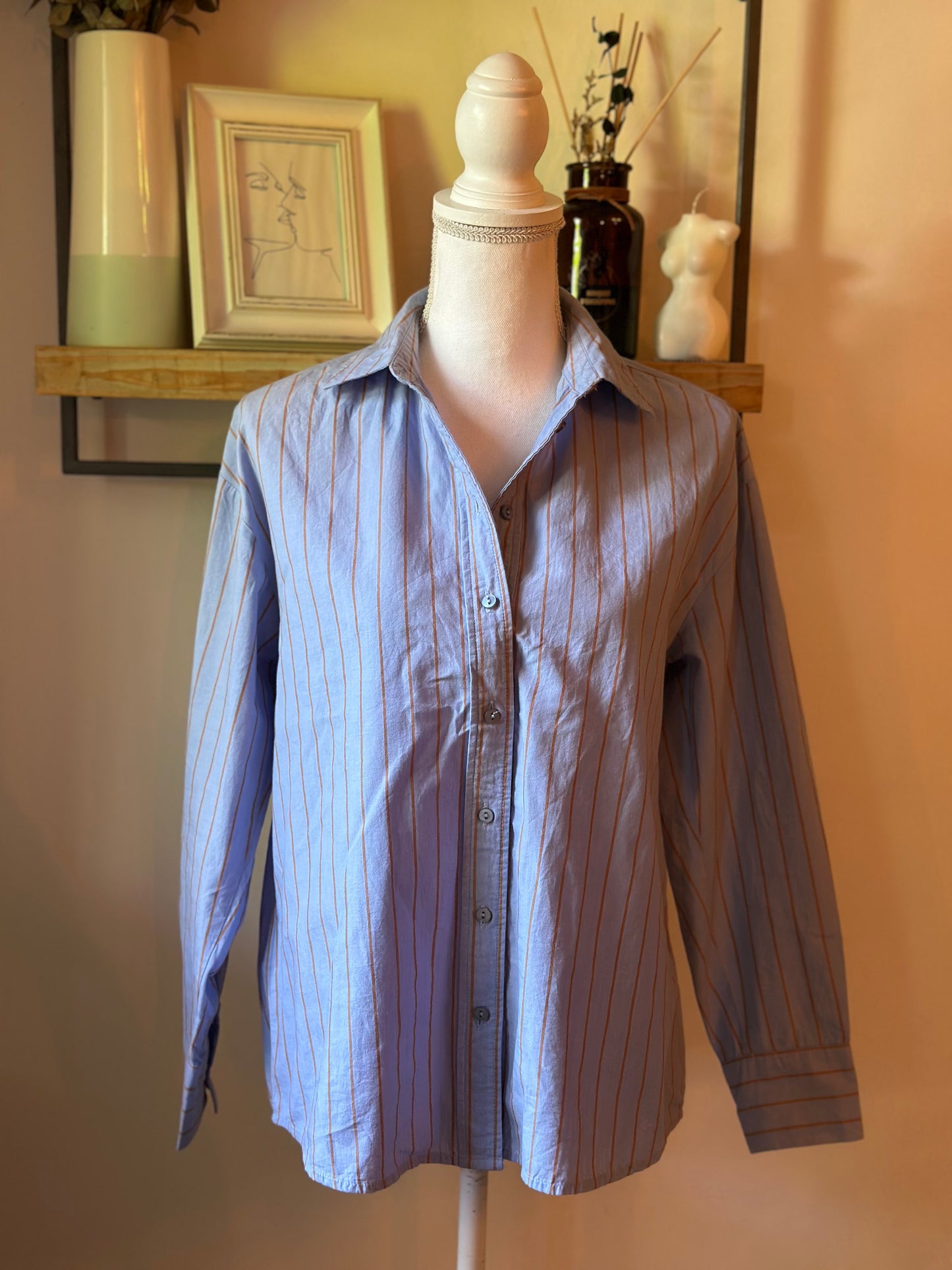 Chemise rayée bleu ciel et camel en coton bio T.34 oversize