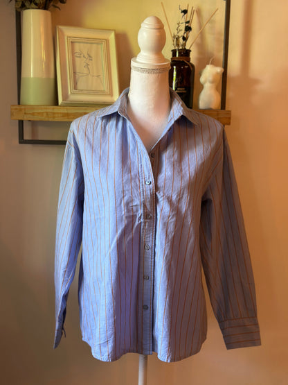 Chemise rayée bleu ciel et camel en coton bio T.34 oversize