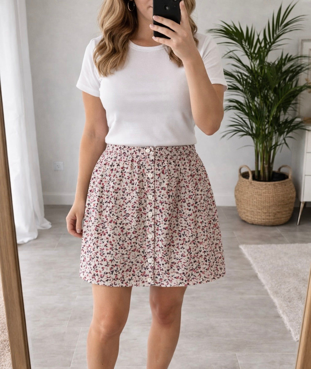 Jupe fluide à motifs blanc et rose neuve T.40/42