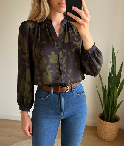Blouse fluide motif fleurie kaki T.38