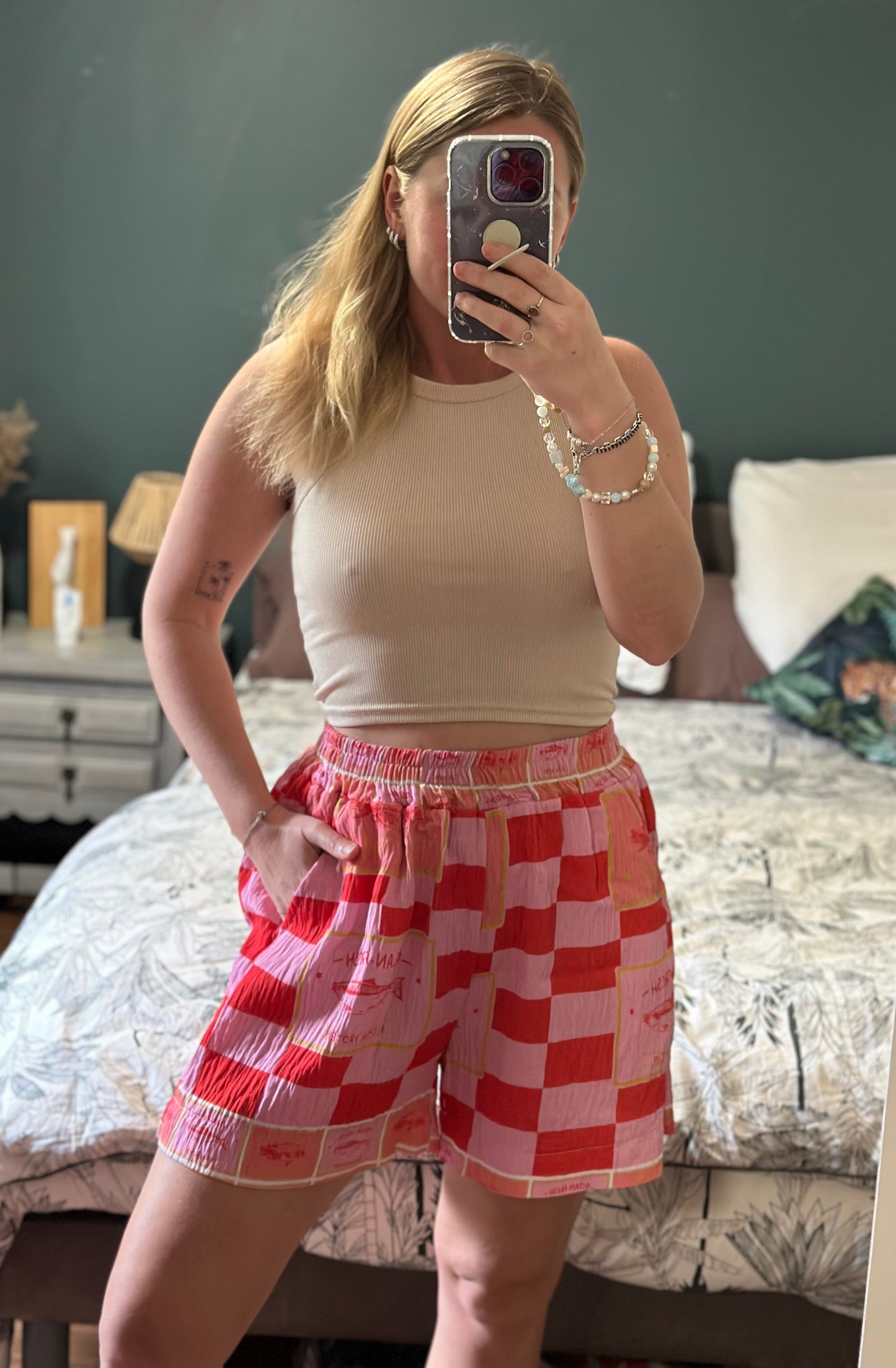 Short fluide imprimé carreaux rouge et rose viscose T.U