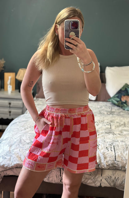 Short fluide imprimé carreaux rouge et rose viscose T.U