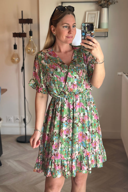 Robe d’été fleurie vert rose T.36
