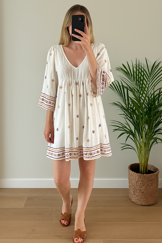 Robe babydoll brodée imprimé écru T.36