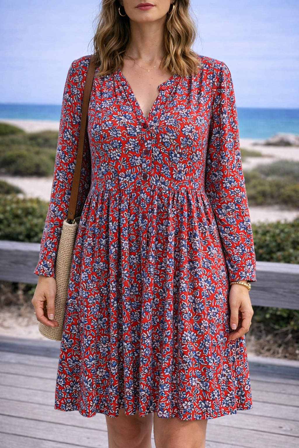 Robe fluide imprimé fleuri rouge et bleu T.42