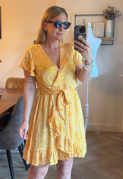 Robe portefeuille imprimé jaune T.36/38 neuve avec étiquette