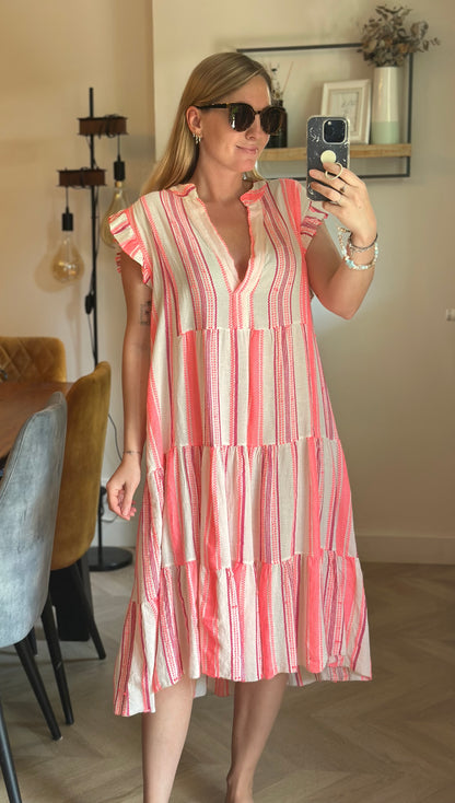 Robe bohème rayée rose fluo coton viscose T.U