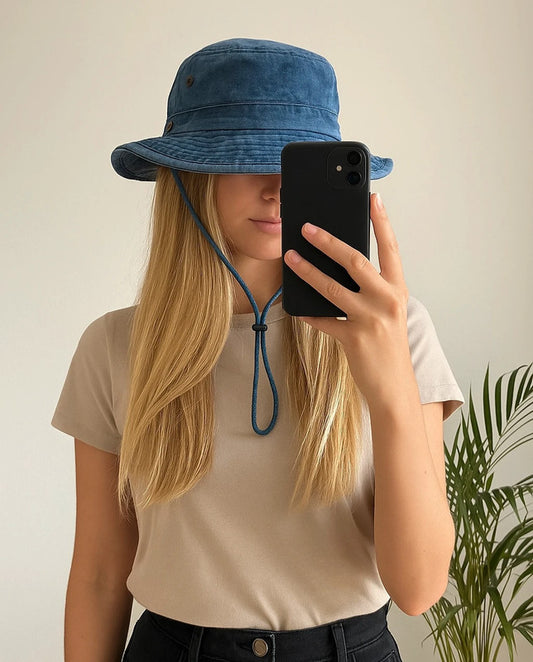 Chapeau unisexe bleu effet denim avec cordon neuf