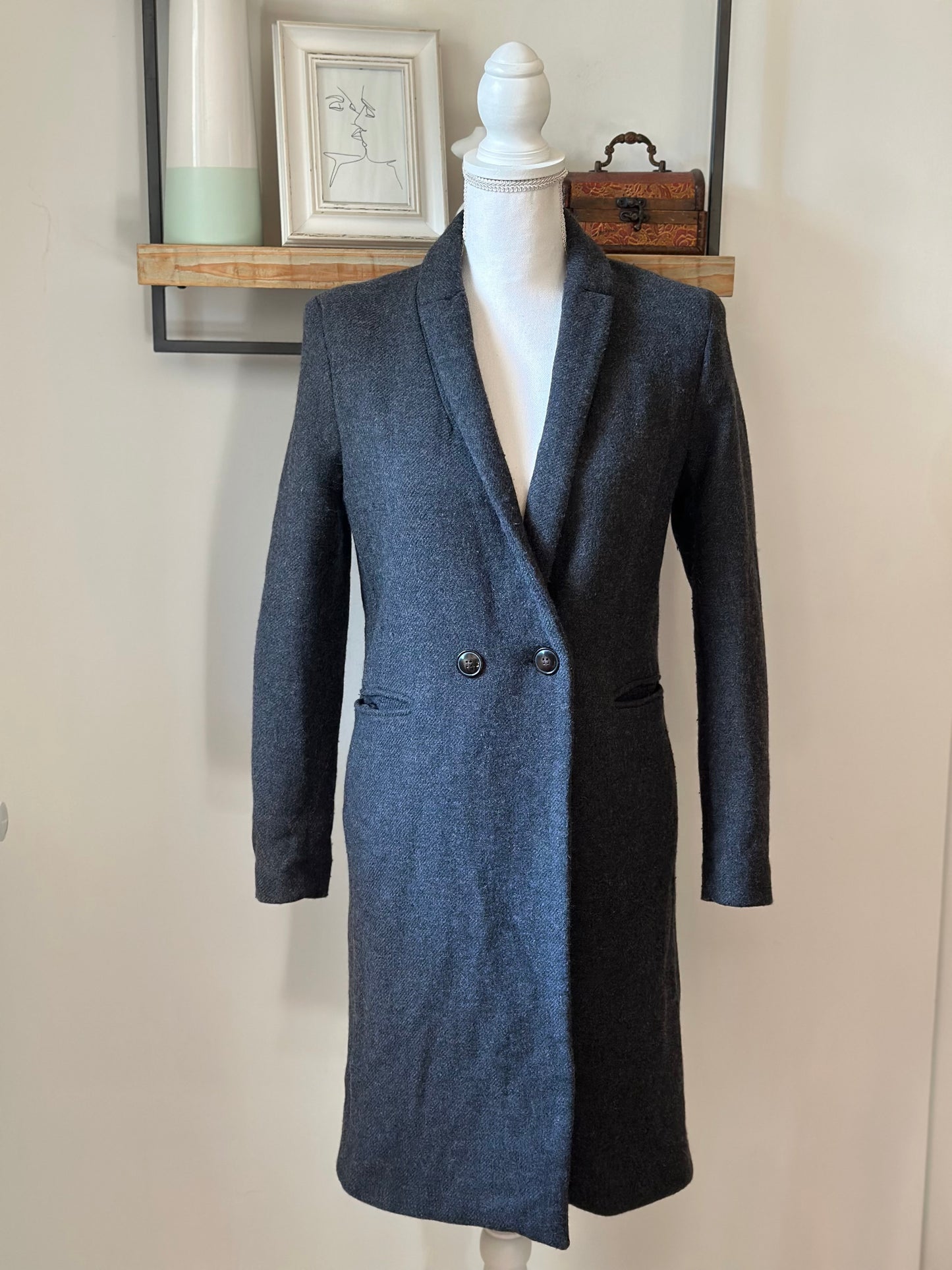 Manteau long croisé gris anthracite en laine T.34