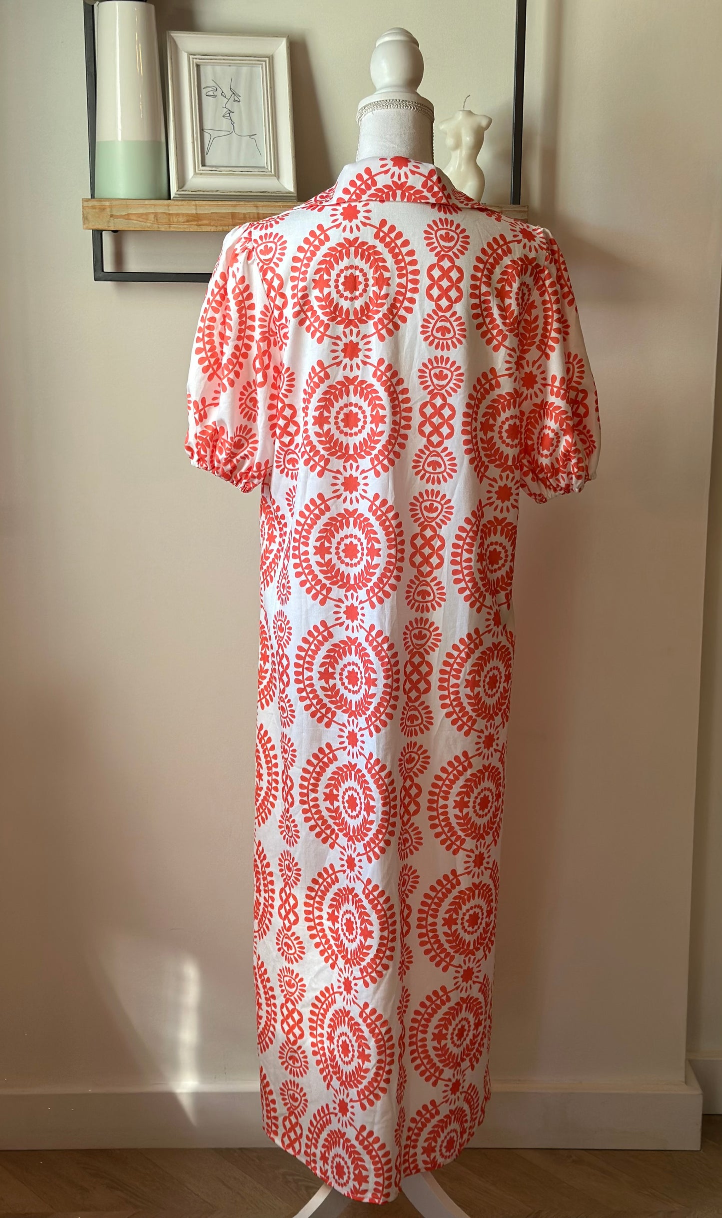 Robe longue imprimé graphique rouge blanc fluide T.38