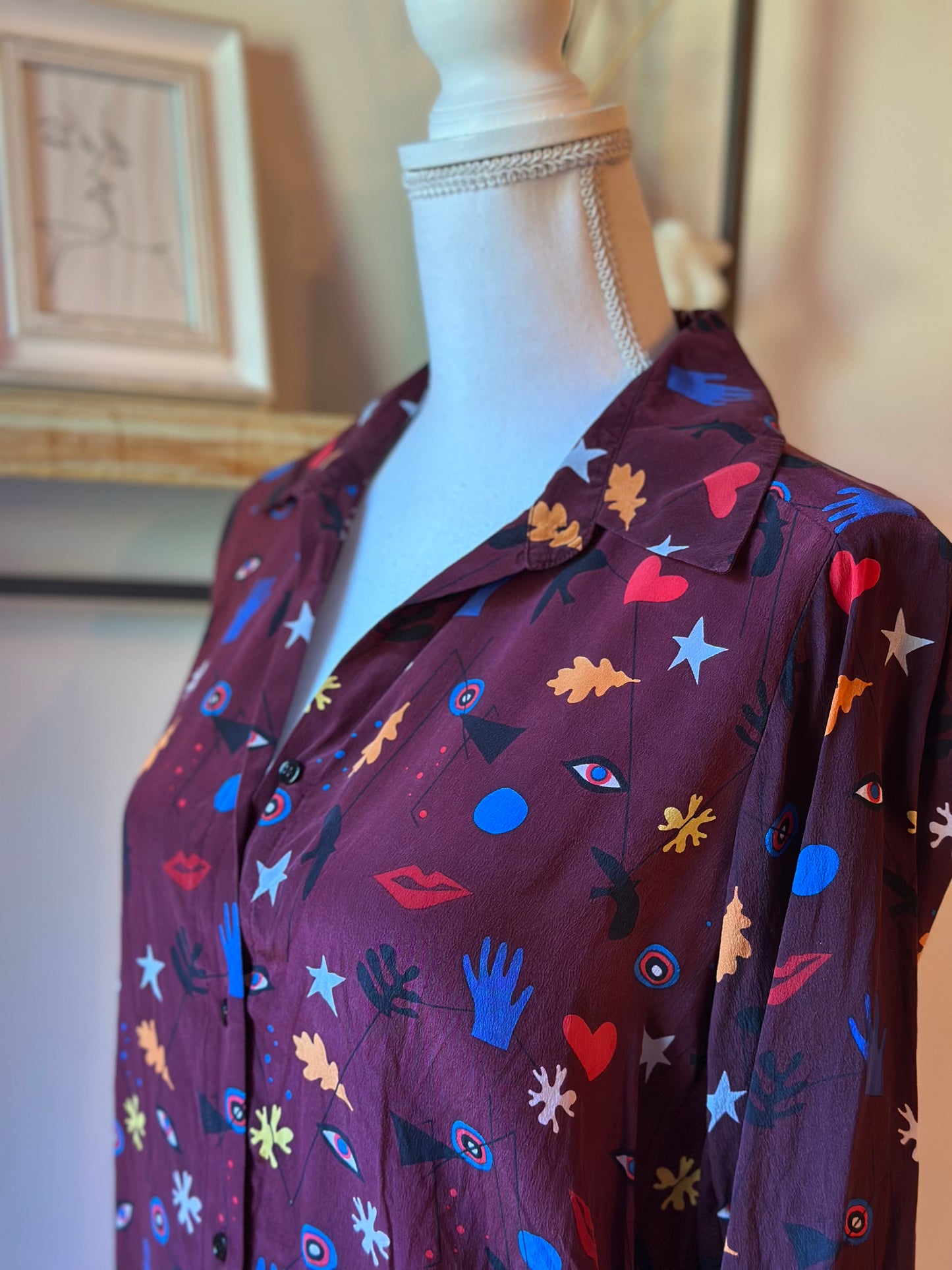 Chemise à motifs  imprimée en soie bordeaux multicolore T.36