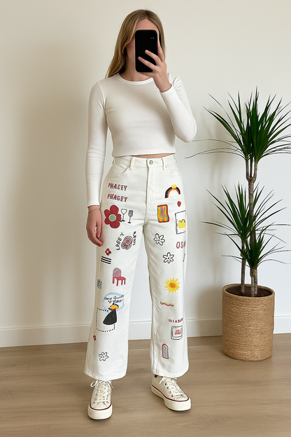 Pantalon jean blanc imprimé fleuri moderne Neuf T.34