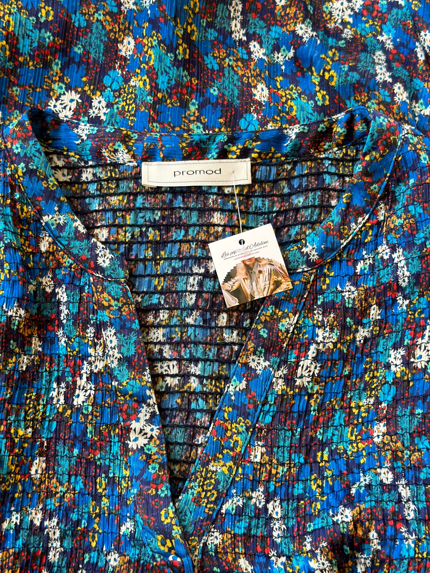 Blouse satinée bleue imprimée fleurs bohème, T.38