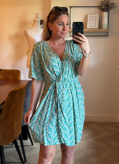 Robe d’été cache-cœur imprimé turquoise et blanc T.38