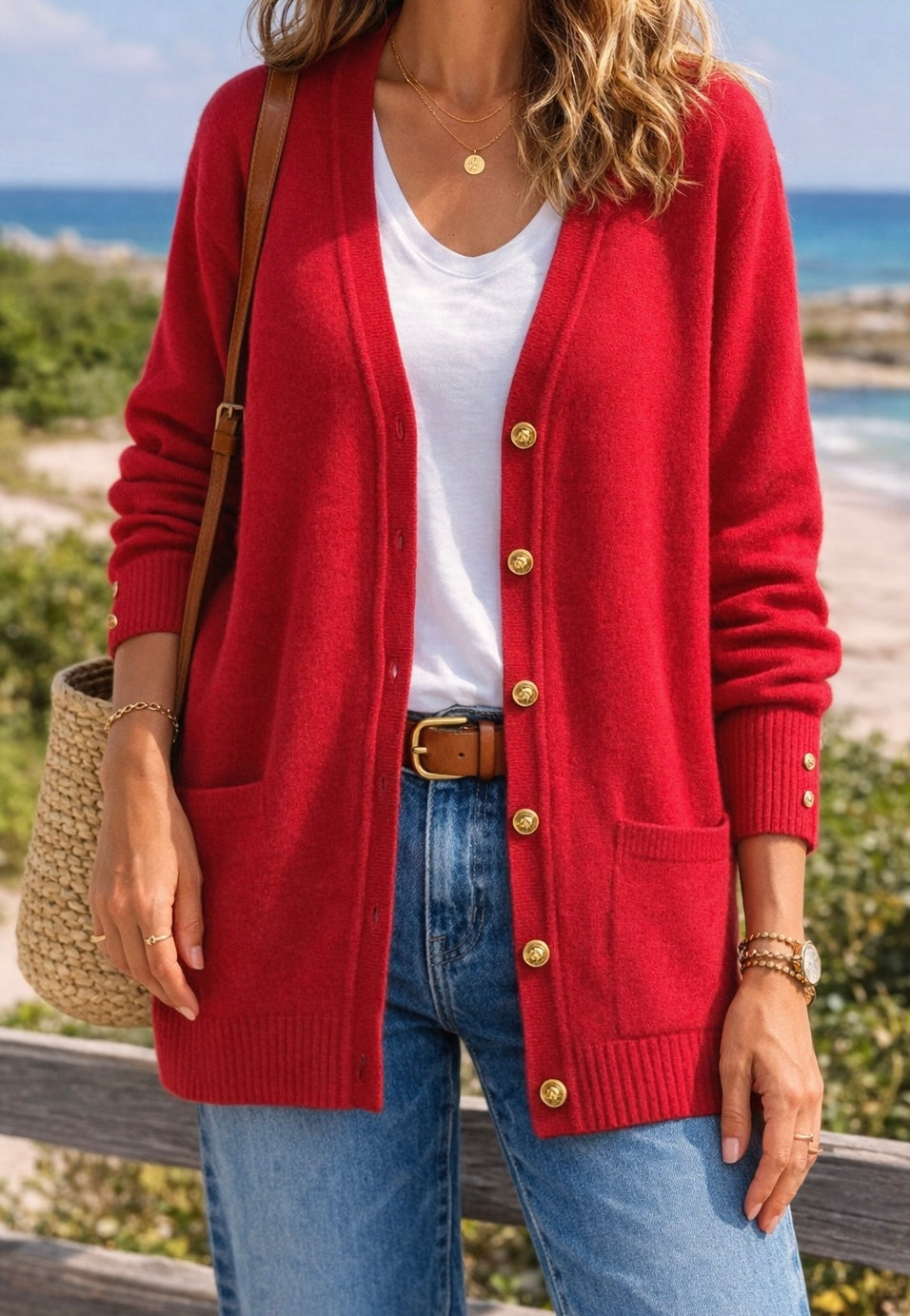 Cardigan en laine rouge, boutons dorés, modèle vintage T.U