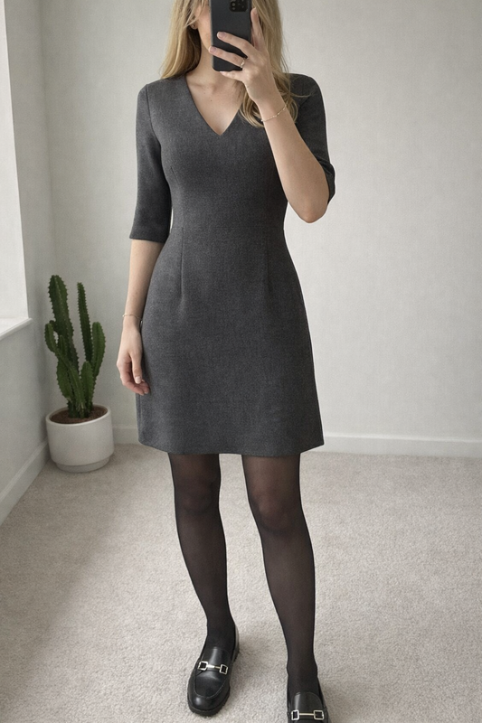 Robe mi-longue col V gris chiné en laine T.38