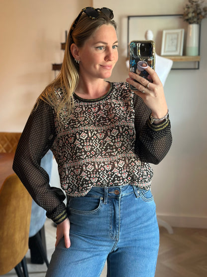 Blouse imprimé graphique noir et rouge T.38
