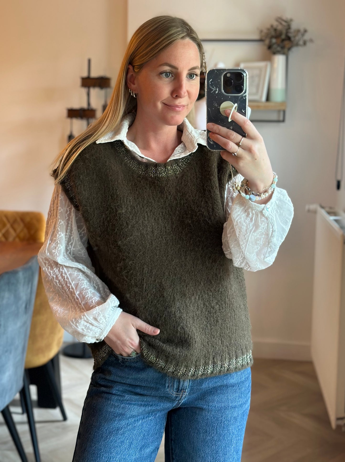 Pull sans manches maille duveteuse laine kaki T.36/38 oversize