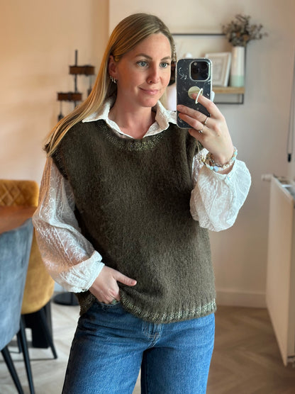 Pull sans manches maille duveteuse laine kaki T.36/38 oversize