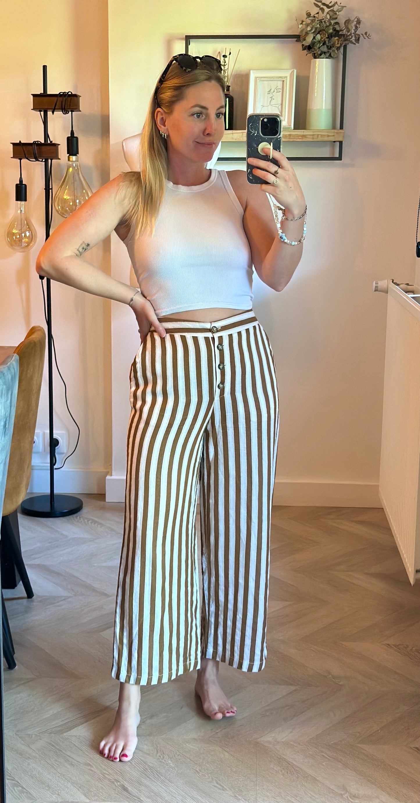 Pantalon large rayé lin coton fluide été beige & marron T.34