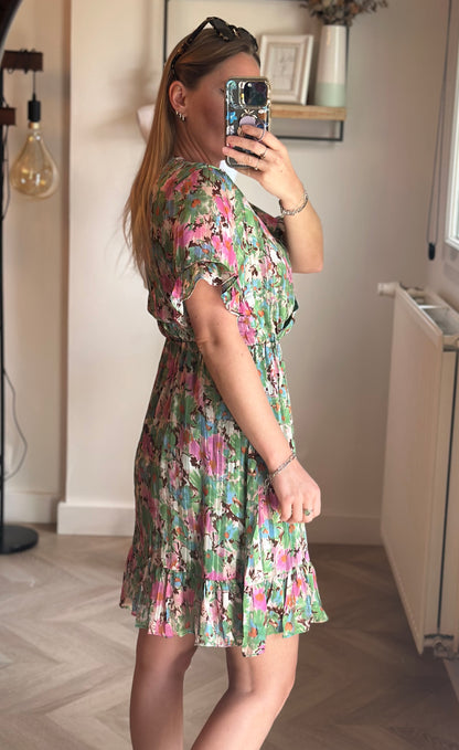 Robe d’été fleurie vert rose T.36