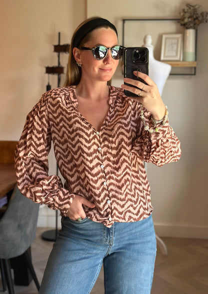 Blouse fluide imprimé marron et beige T.34