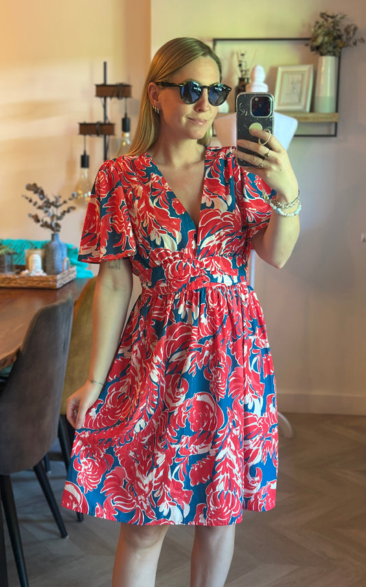 Robe fluide imprimé tropical rouge bleu T.38/40