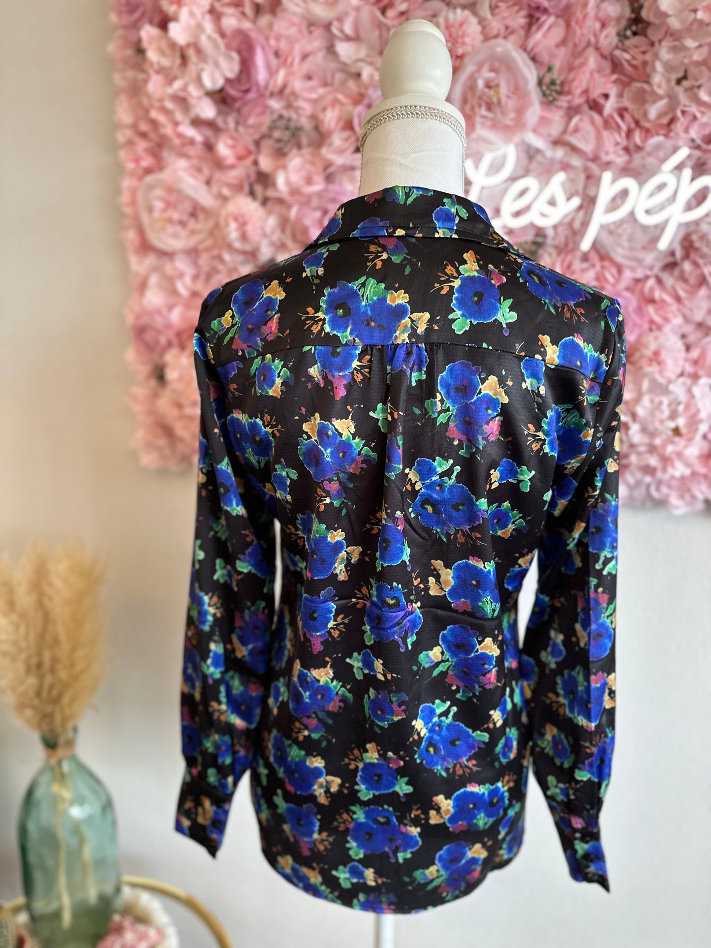 Chemise satinée, imprimé floral bleu T.34