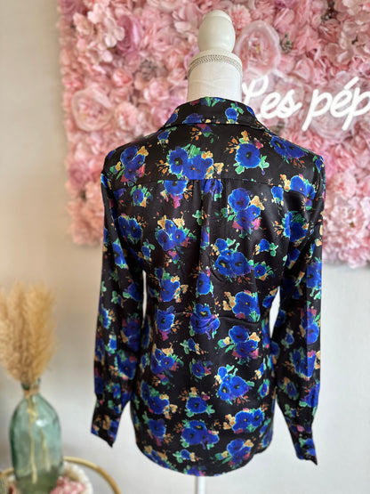 Chemise satinée, imprimé floral bleu T.34