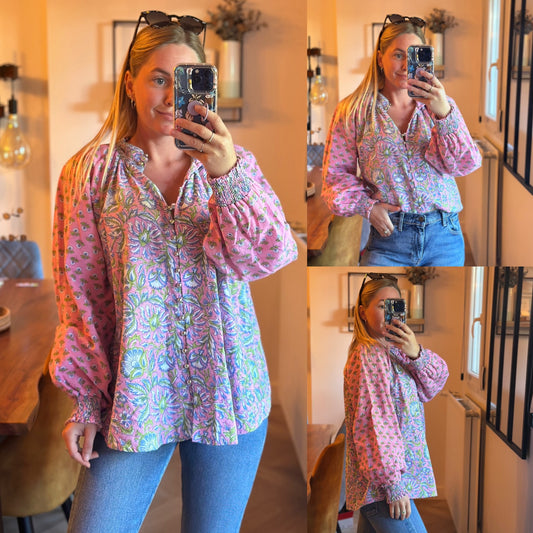 Blouse bohème modèle Raquel rose à motifs T.U (36 au 42)