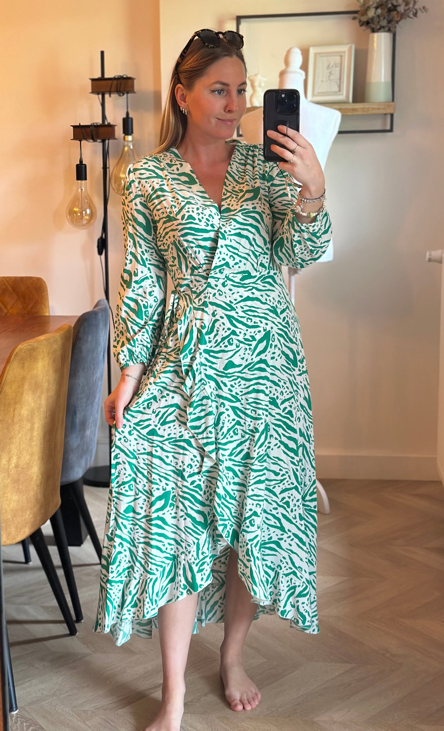 Robe portefeuille imprimée verte & écru T.36