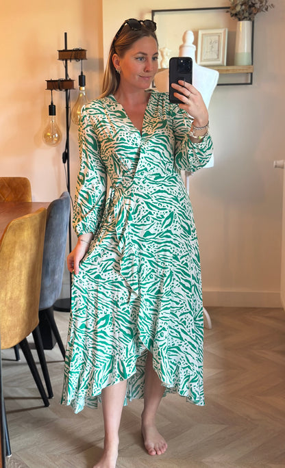 Robe portefeuille imprimée verte & écru T.36