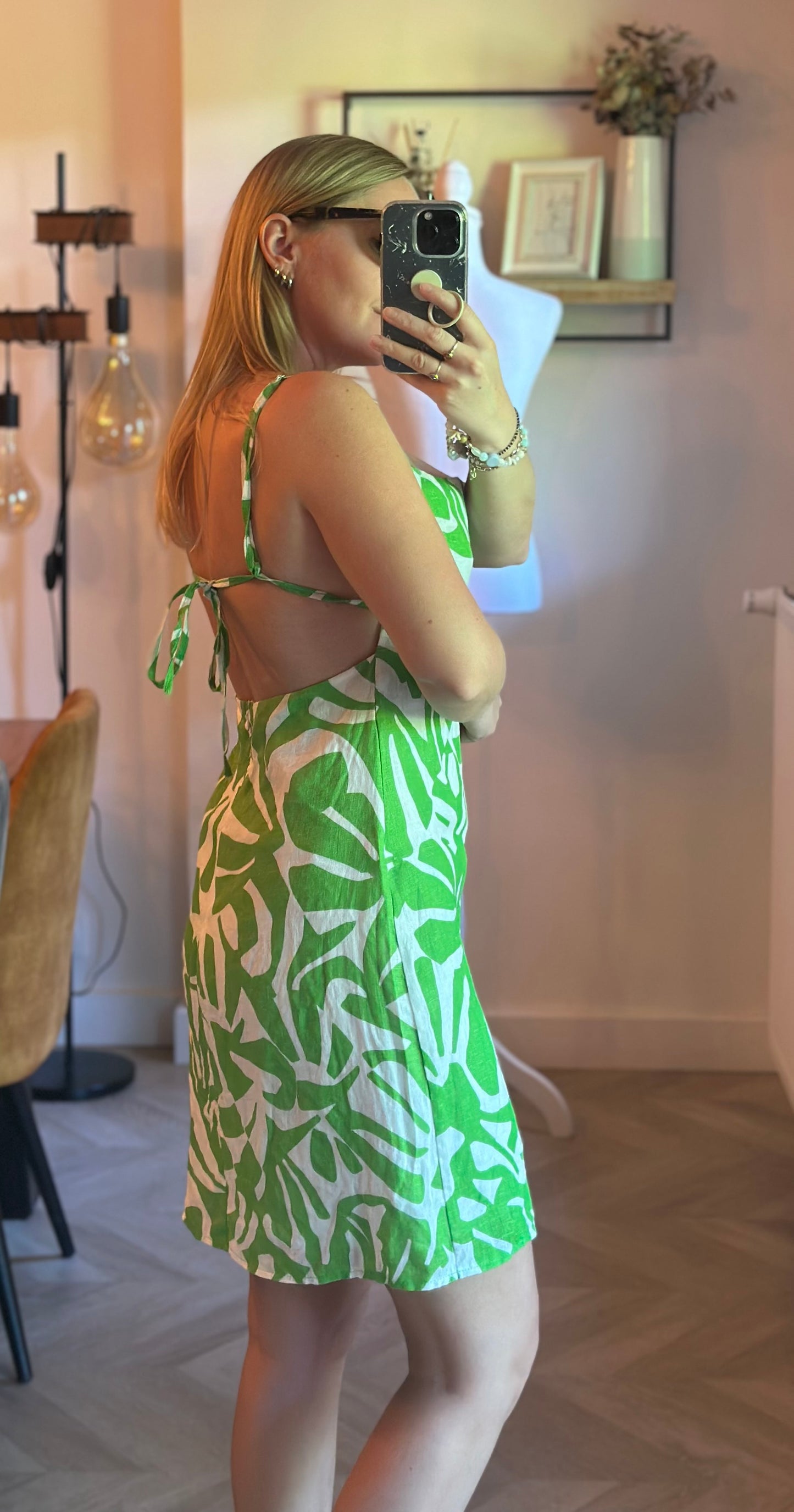 Robe dos nu imprimé tropical vert blanc en lin Made in Italy T.36