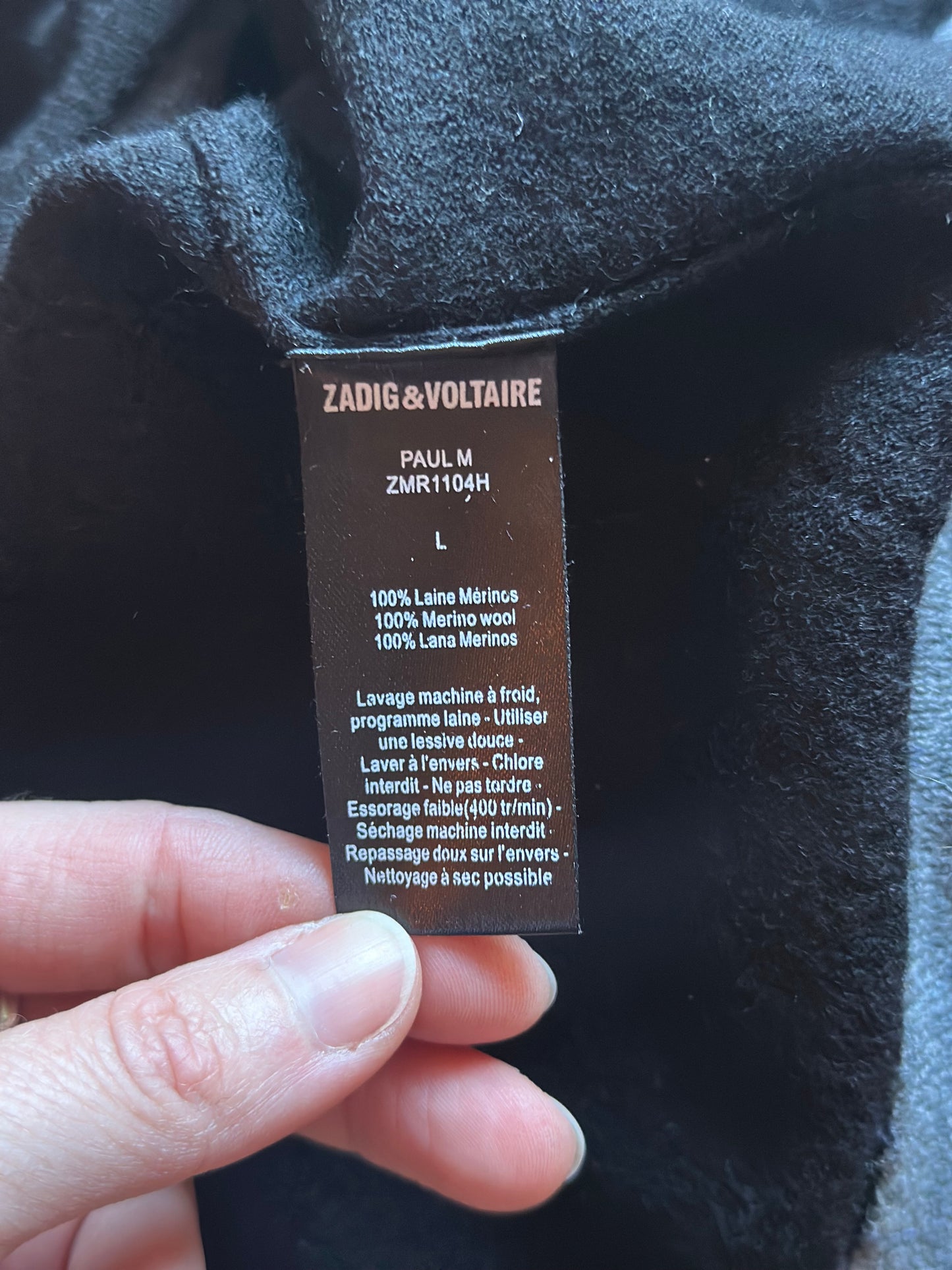 Pull laine mérinos noir détail gris col rond T.38