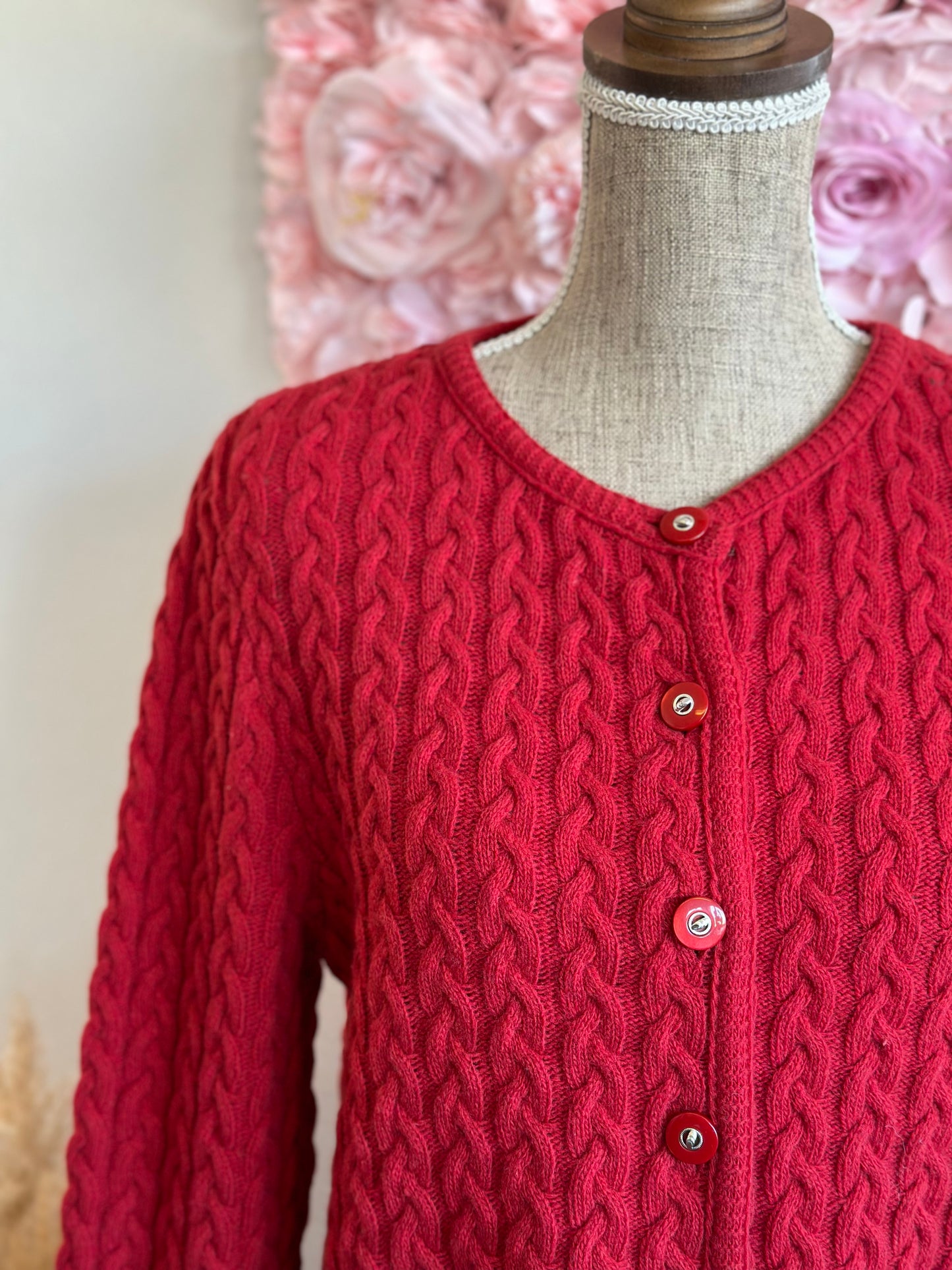 Cardigan rouge en laine, maille torsadée, Vintage T.38/40