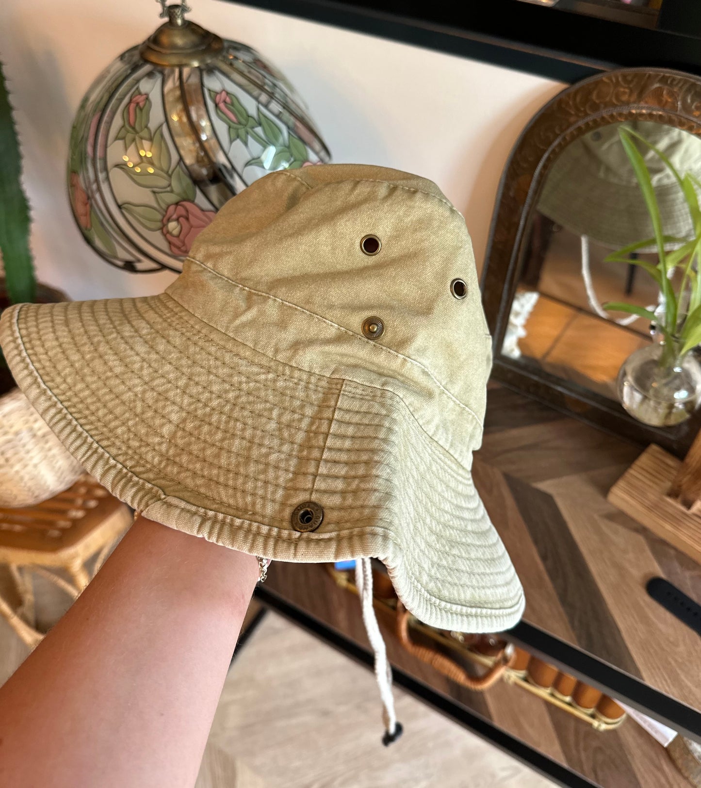 Chapeau unisexe beige kaki effet denim avec cordon neuf
