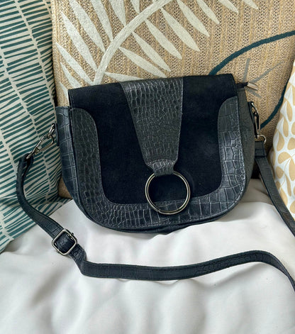 Sac bandoulière cuir et daim effet croco noir – fabriqué en Italie
